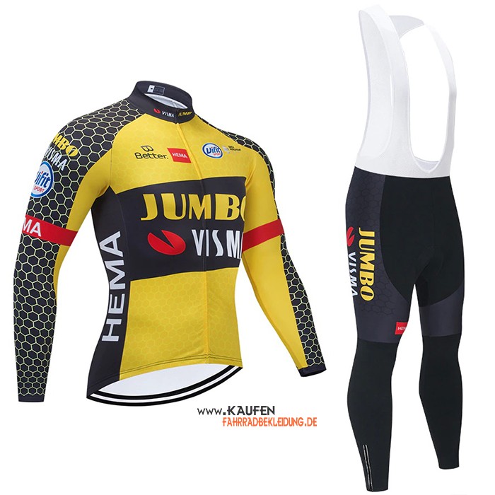 Jumbo Visma Langarmtrikot 2021 und Lange Tragerhose Gelb Shwarz